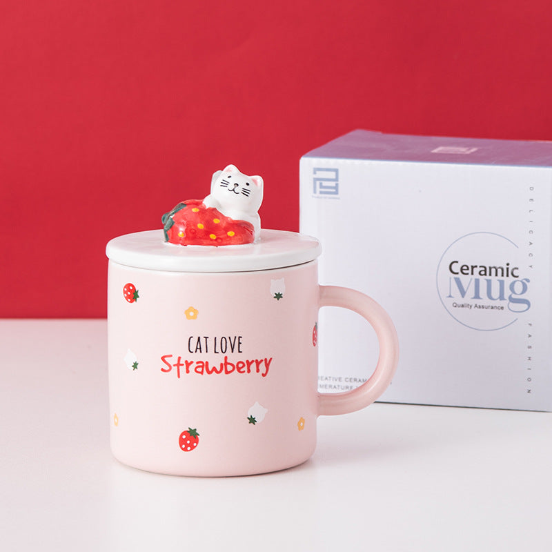 ☕ Mug de Noël Céramique 🎅 avec Couvercle & Cuillère – Édition Fraise Festive 🍓