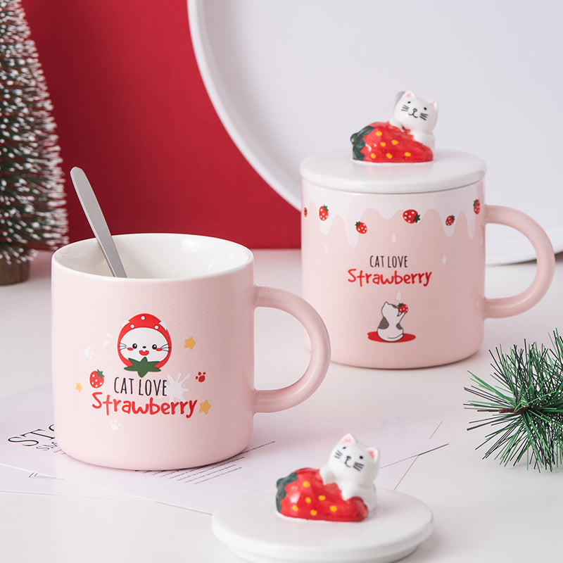 ☕ Mug de Noël Céramique 🎅 avec Couvercle & Cuillère – Édition Fraise Festive 🍓