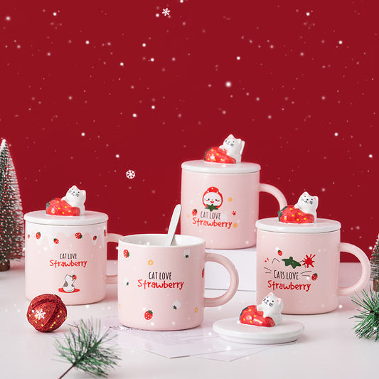 ☕ Mug de Noël Céramique 🎅 avec Couvercle & Cuillère – Édition Fraise Festive 🍓