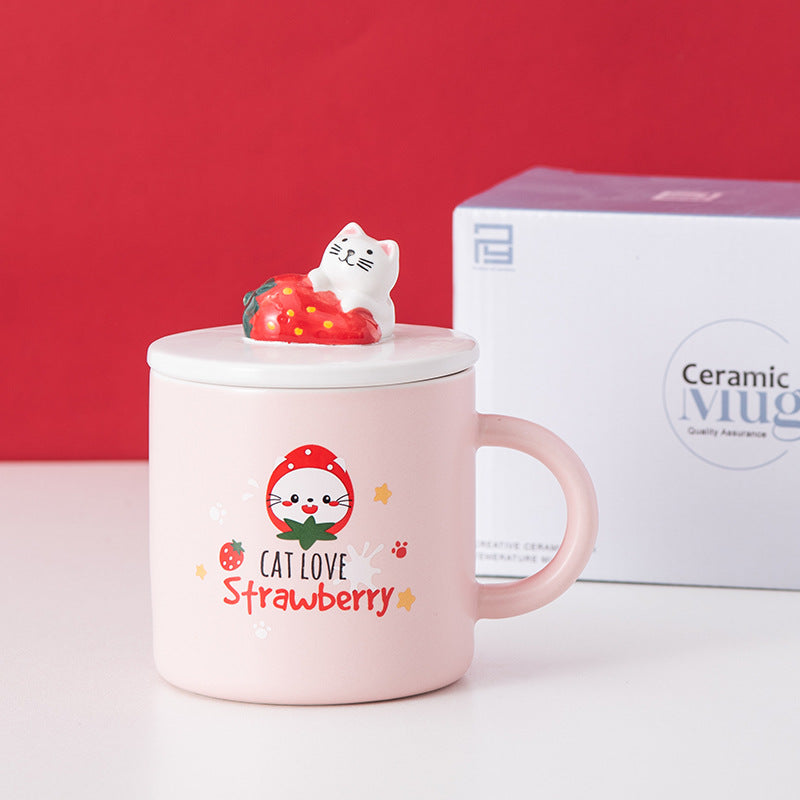 ☕ Mug de Noël Céramique 🎅 avec Couvercle & Cuillère – Édition Fraise Festive 🍓